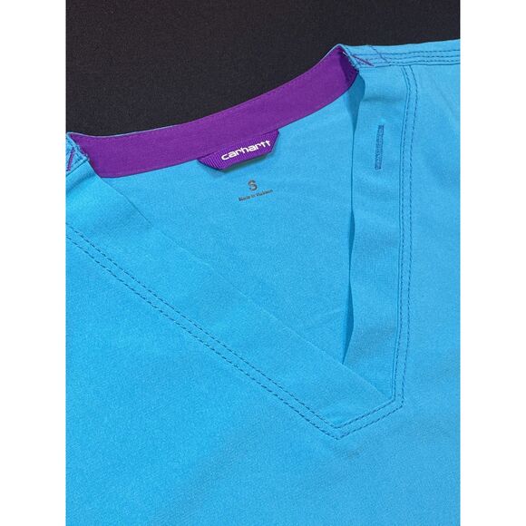 ~ Carhartt Force Sm Scrub Top V-neck Pockets Womens Cross-Flex Aqua Scrubs - Picture 1 of 16